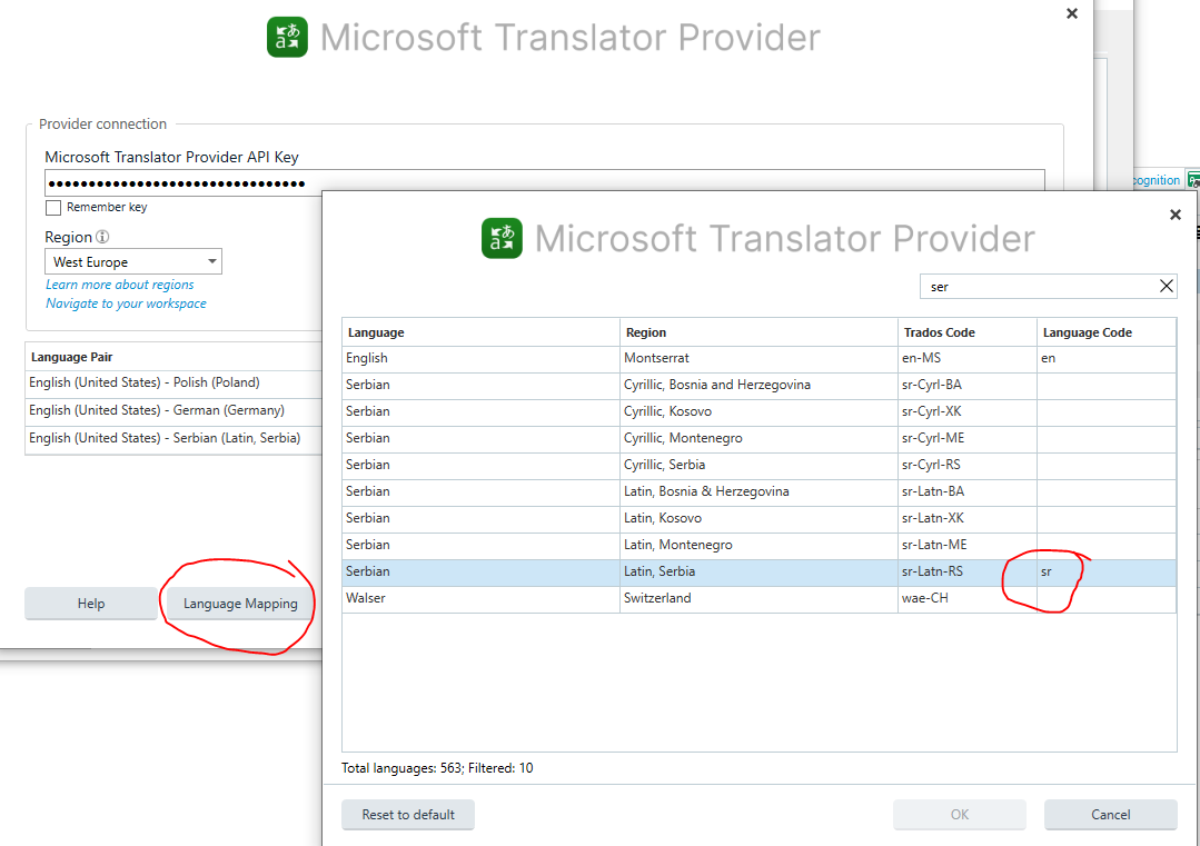 Screenshot of Trados Studio's Microsoft Translator Provider settings showing Language Mapping with a list of languages. Serbian language added with code 'SR' under Language Code column.