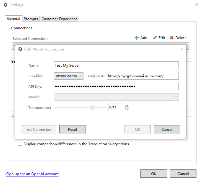 Trados Studio settings window showing an 'Add Model Connection' form with fields for Name, Provider set to AzureOpenAI, Endpoint URL, API Key, and Model. A 'Test Connection' button is visible.