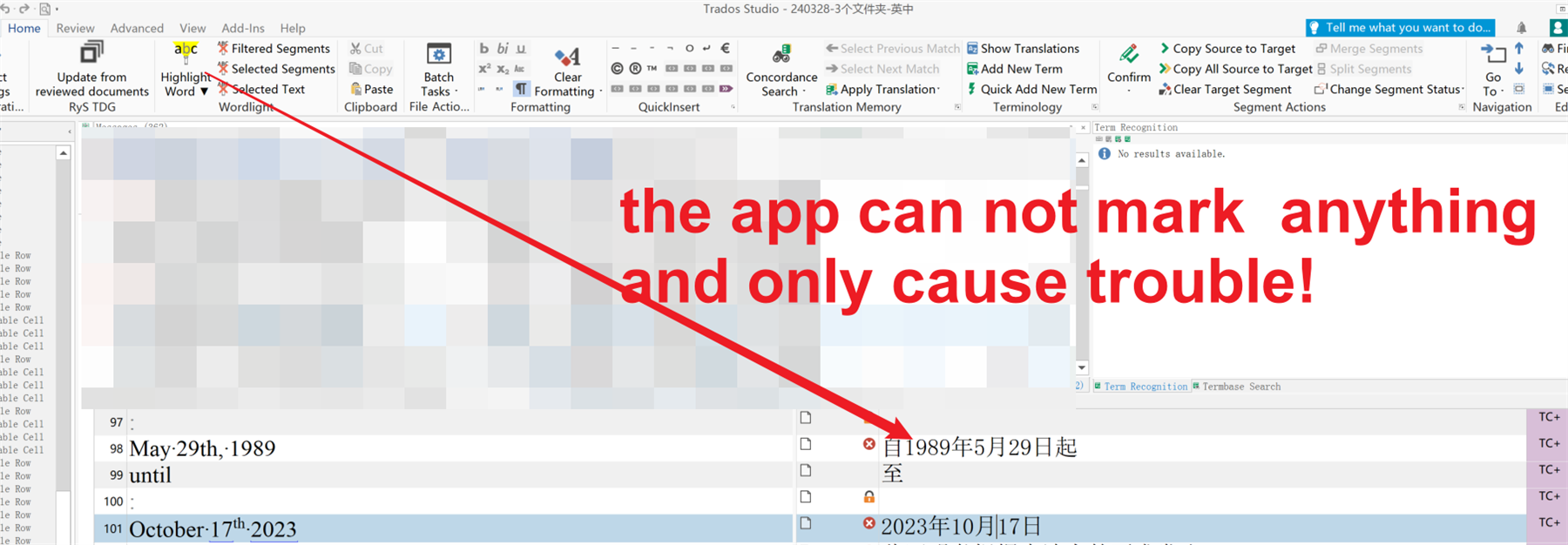 Screenshot of Trados Studio interface with an error message overlay stating 'the app can not mark anything and only cause trouble!' indicating a malfunction with the 'wordlight' application.