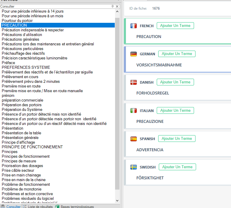 Screenshot of Trados Studio term base with terms in multiple languages, highlighting the term 'PRECAUTION' in French and its translations in other languages.