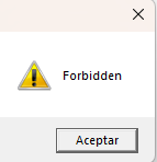Error message in Trados Studio with a yellow warning triangle icon and the text 'Forbidden'. There is an 'Aceptar' button below the message.