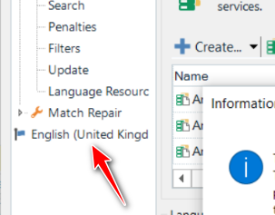 Trados Studio screenshot showing an expanded navigation menu with a focus on the English (United Kingdom) language setting.