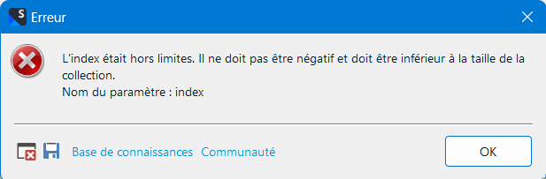 Error message in Trados Studio stating 'The index was out of range. It must not be negative and must be less than the size of the collection. Parameter name: index.' with an OK button.