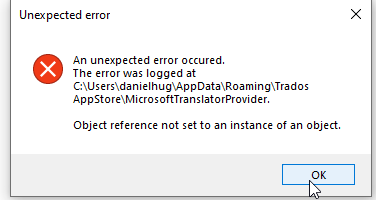 Error dialog box showing 'An unexpected error occurred. Object reference not set to an instance of an object.' with file path.