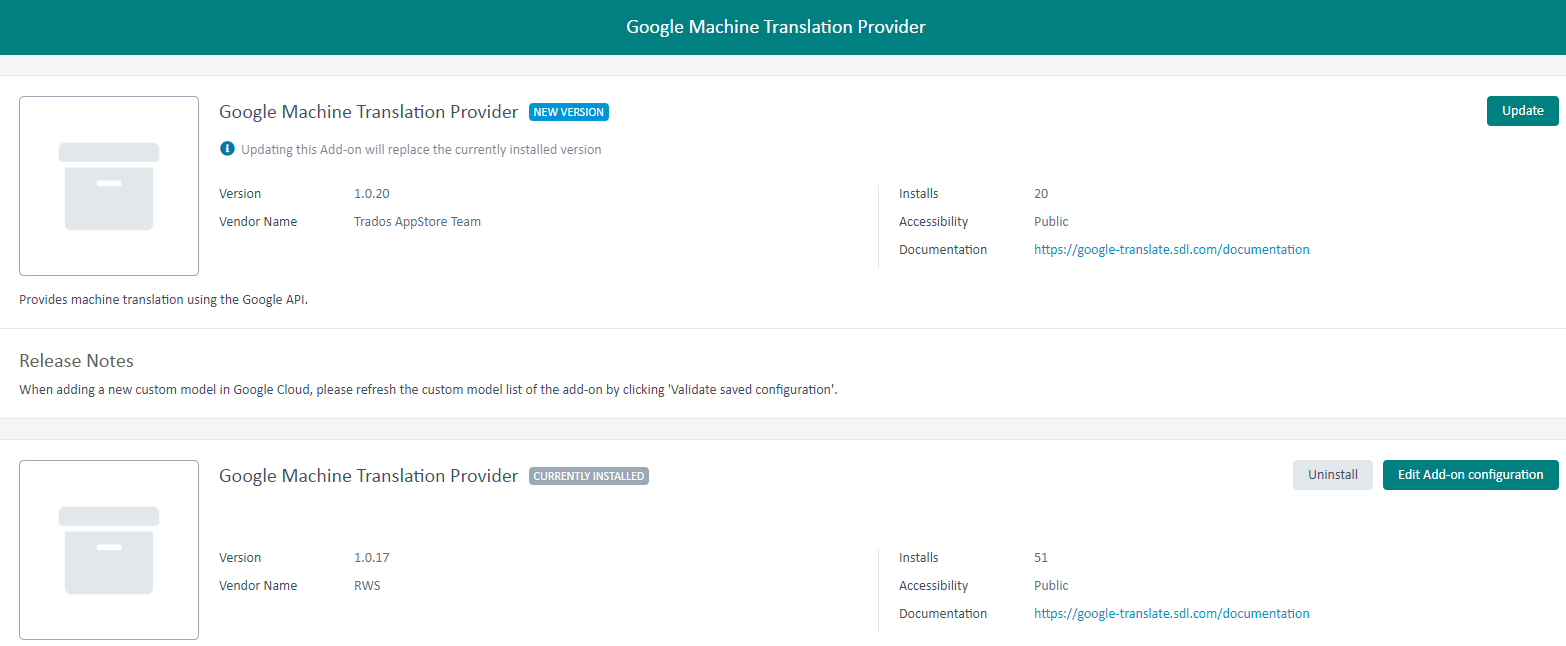 Screenshot of Trados Studio showing Google Machine Translation Provider with a 'NEW VERSION' tag and an information icon stating 'Updating this Add-on will replace the currently installed version'. Version 1.0.20 by Trados AppStore Team.