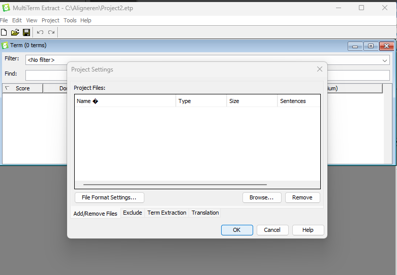 Screenshot of RWS MultiTerm Extract software with a window titled 'MultiTerm Extract - C:AlignerProject2.etp'. The Project Settings section is empty with options to AddRemove Files, Exclude, Term Extraction, and Translation.