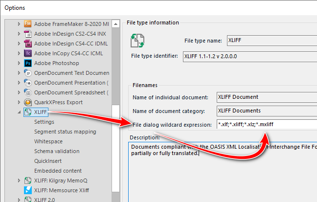 Screenshot of RWS AppStore Applications settings showing XLIFF file type options with *.xliff, *.xlf, *.mxliff extensions added.
