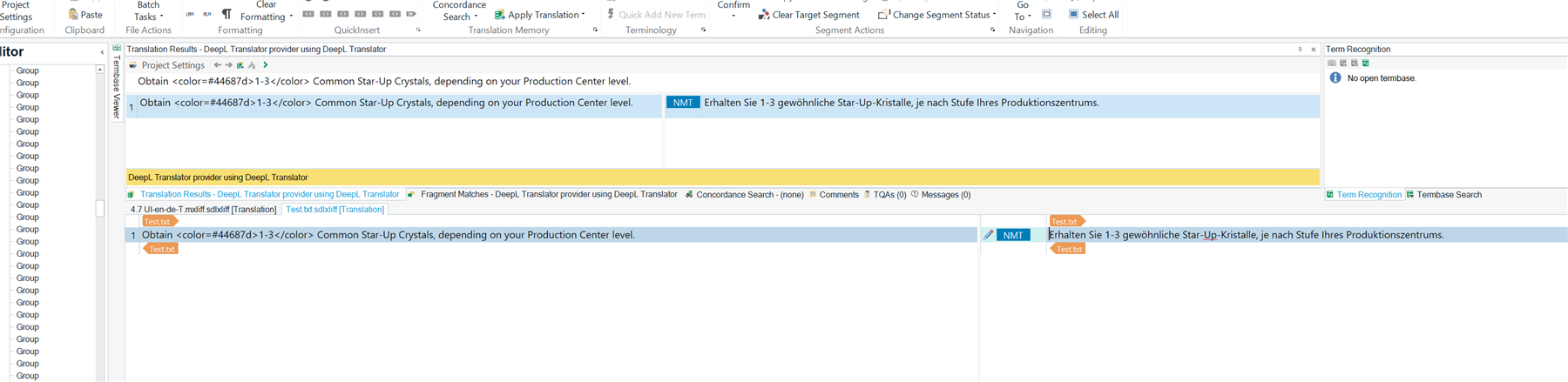 Screenshot of Trados 2022 software with DeepL Translator plugin showing a translation segment error. The source text 'Obtain Star-Up Crystals, depending on your Production Center level.' is highlighted with an orange border indicating an issue. The target text 'Erhalten Sie 1-3 gewohnliche Star-Up-Kristalle, je nach Stufe Ihres Produktionszentrums.' is displayed in the translation results pane.