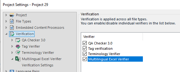 Verification settings dialog highlighting the enabled 'Multilingual Excel Verifier' option among other verifiers.