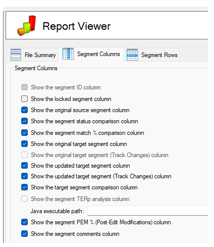 Screenshot of Report Viewer settings in RWS AppStore application with multiple checkboxes for segment columns like segment ID, original source segment, and target segment comparison, among others.