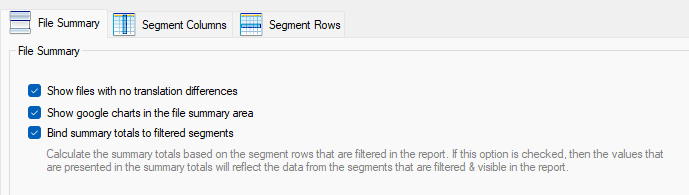 Screenshot of RWS AppStore application settings with options for file summary, including checkboxes for showing files with no translation differences, showing Google charts, and binding summary totals to filtered segments.