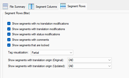 Screenshot of Segment Rows filter settings in RWS AppStore application with checkboxes for showing segments with translation modifications and other criteria, and dropdowns for tag visualization and translation origin.