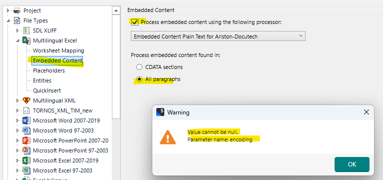 Screenshot of RWS AppStore Applications with an error dialog box. The dialog box shows a warning icon with the message 'Value cannot be null. Parameter name: encoding' and an OK button.
