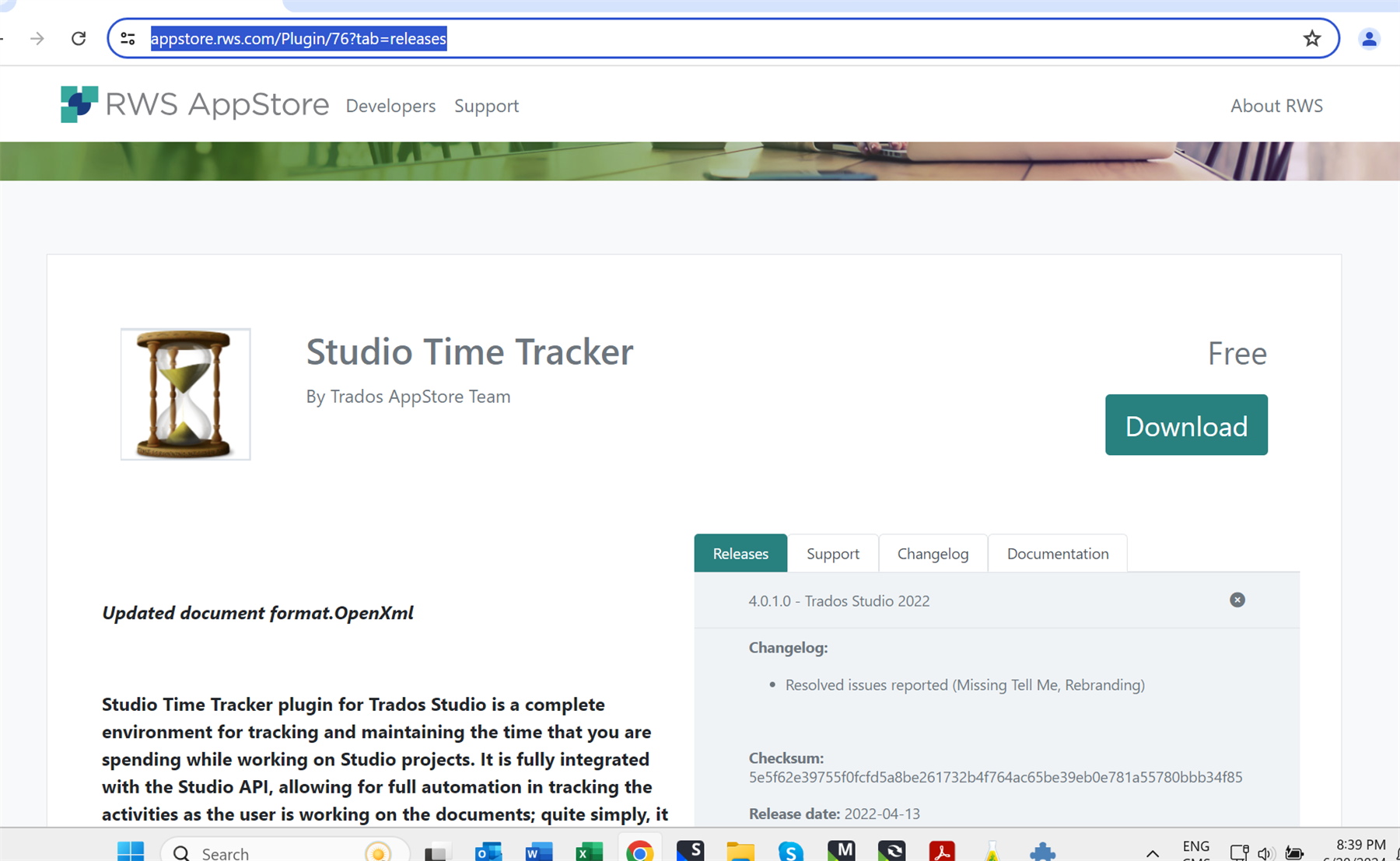 RWS AppStore webpage showing Studio Time Tracker app. It includes an hourglass icon, the app name, 'By Trados AppStore Team', and a 'Free Download' button. A description mentions integration with Studio API for time tracking.