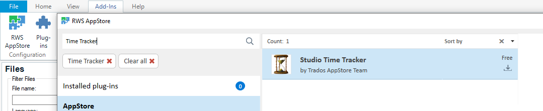 Screenshot of RWS AppStore interface showing a search for 'Time Tracker' with one result for 'Studio Time Tracker' by Trados AppStore Team, labeled as free.