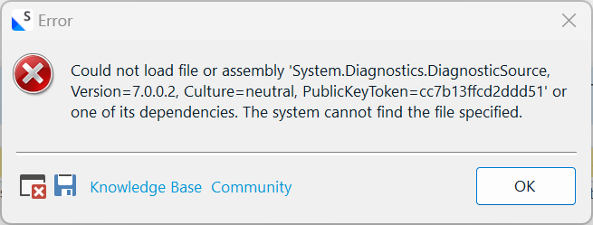 Error dialog box with a red cross symbol indicating 'Could not load file or assembly System.Diagnostics.DiagnosticSource, Version=7.0.0.2, Culture=neutral, PublicKeyToken=cc7b13ffcd2ddd51' or one of its dependencies. The system cannot find the file specified.