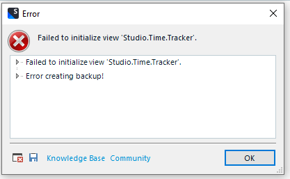 Error dialog box with a red cross icon, titled 'Error'. Message reads 'Failed to initialize view 'Studio.Time.Tracker'. Failed to initialize view 'Studio.Time.Tracker'. Error creating backup!' Buttons for 'Knowledge Base' and 'Community' are at the bottom, alongside an 'OK' button.