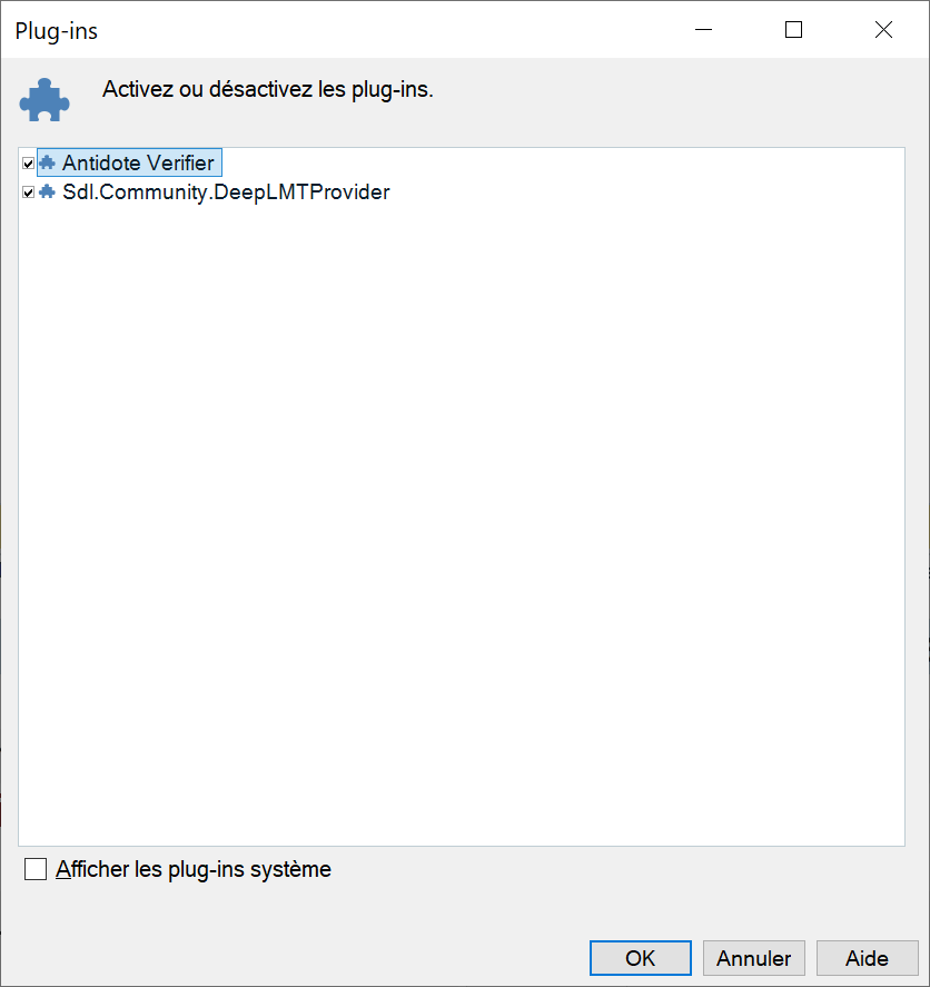 Screenshot of a Plug-ins window with two listed items: Antidote Verifier and Sdl.Community.DeepLMTProvider. There are checkboxes to activate or deactivate the plug-ins. The window also includes OK, Cancel, and Help buttons.