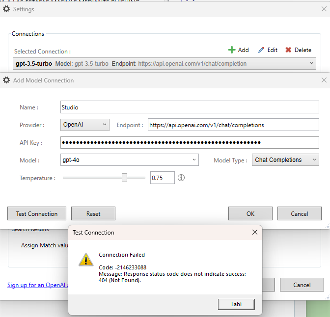 Screenshot of RWS AppStore Applications settings window with a 'Connection Failed' error message displaying code -2146233088 and 'Response status code does not indicate success: 404 (Not Found).'