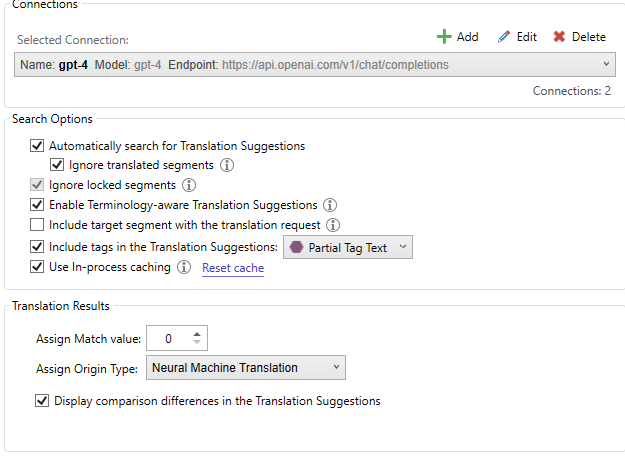 Screenshot of plugin settings for GPT-4 with options for translation suggestions, terminology-aware suggestions, and other features enabled.