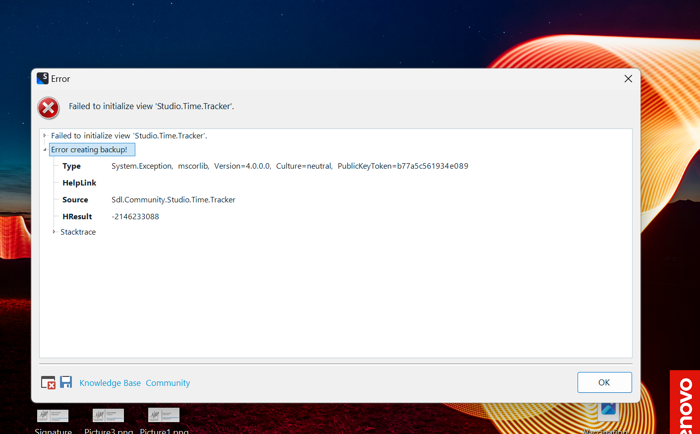 Error dialog box on a computer screen with the title 'Error'. The message reads 'Failed to initialize view 'Studio.Time.Tracker'.' and includes details such as 'Type System.Exception', 'Source Sdl.Community.Studio.Time.Tracker', and an HRESULT error code.