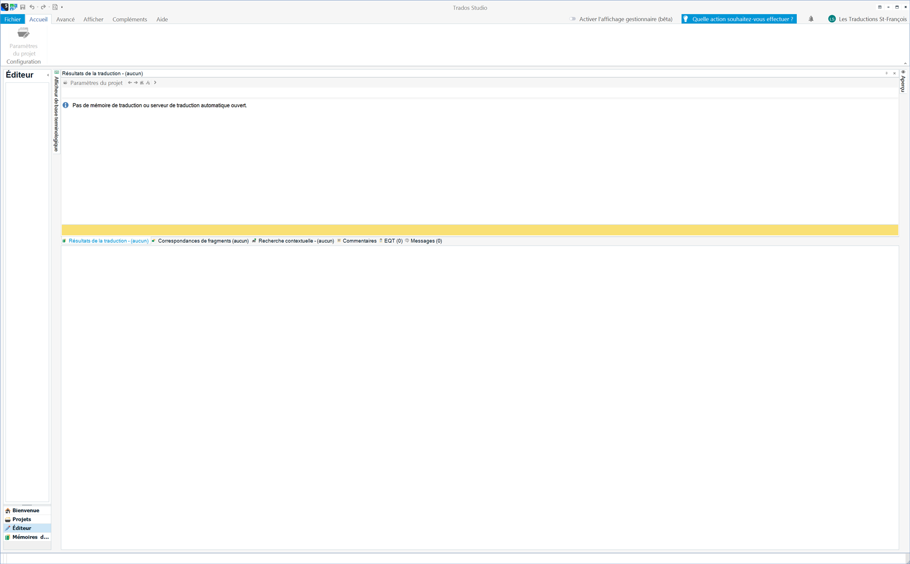 Screenshot of a software interface with menu options in French. The main window shows a message indicating no translation memory or automatic translation server is available.
