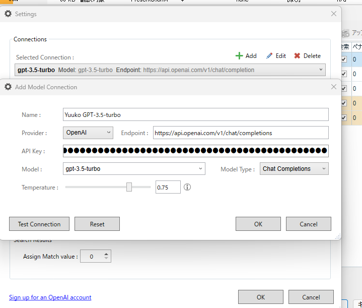 Screenshot of RWS AppStore Applications settings showing a selected connection for 'gpt-3.5-turbo' with fields for Name, Provider, Endpoint, API Key, Model, and Temperature. A 'Test Connection' button is visible.