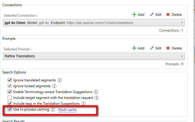 Screenshot of RWS AppStore Applications settings showing options under 'Search Options' with 'Use In-process caching' checked and a 'Reset cache' button.