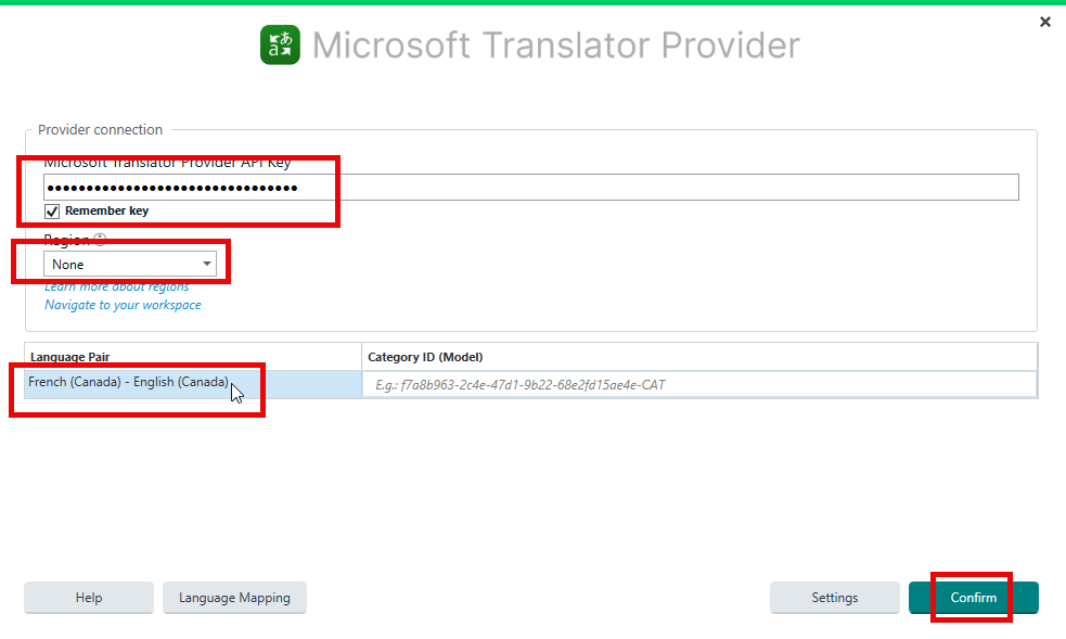 Screenshot of Microsoft Translator Provider settings with API key entered, 'Remember key' checked, 'Region' set to 'None', and 'Language Pair' set to 'French (Canada) - English (Canada)'.