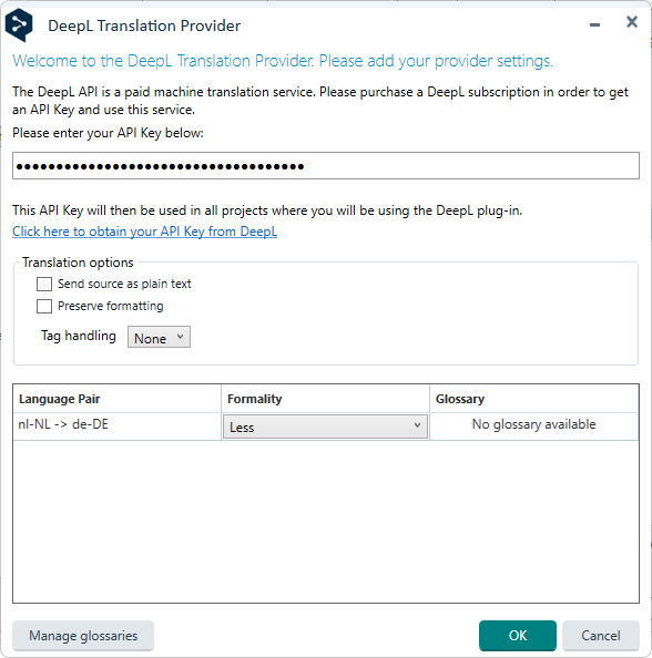 Screenshot of the DeepL Translation Provider settings window in Trados. It prompts for an API Key and shows options for translation, including language pair nl-NL to de-DE, formality setting, and a message stating 'No glossary available'.