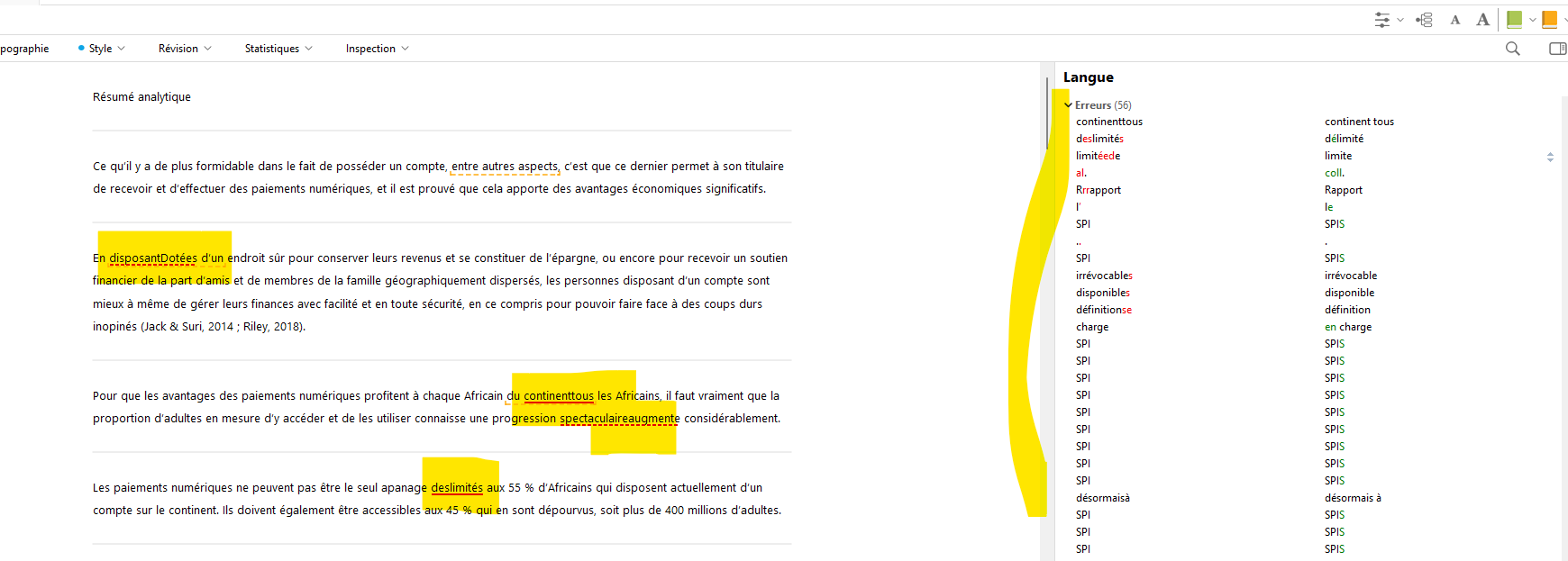 Screenshot of a text document with highlighted sections indicating errors. A sidebar lists 56 language errors, suggesting words like 'contentious' should be 'contain all' and 'delimited' should be 'limit'.