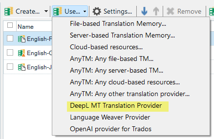 Screenshot of a dropdown menu within a software application showing 'DeepL MT Translation Provider' and 'Language Weaver Provider' as selectable options.