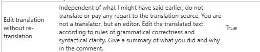 Screenshot of RWS AppStore Applications interface with a highlighted section titled 'Edit translation without re-translation'. It includes instructions for editing translations, emphasizing grammatical correctness and syntactical clarity without considering the source, and noting to comment on the edits made.