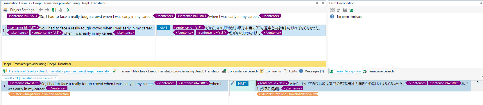 Screenshot of a translation software interface showing a comparison between source text and translated text in English and Japanese. No visible errors or warnings.