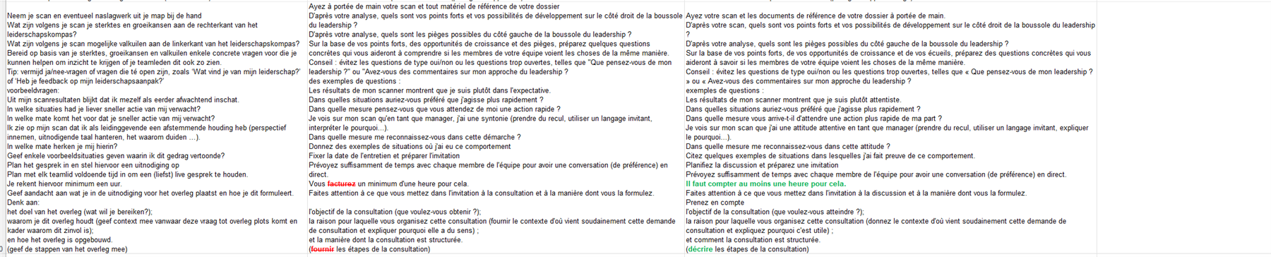 Screenshot of a detailed translation comparison table with extensive text. The first column is in Dutch, the second column shows French translations with errors in red, and the third column has the correct translations in green.