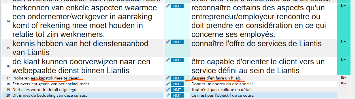 Screenshot of a translation software interface showing a Dutch sentence 'Proberen een kapstok mee te geven' and its incorrect French translation 'J'essaie d'en faire un hijab.' highlighted with a red underline.