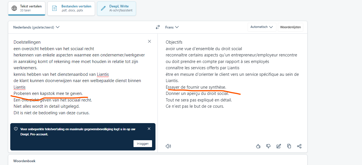 Screenshot of the DeepL web translation interface translating Dutch to French, with the sentence 'Proberen een kapstok mee te geven' correctly translated as 'Essayer de fournir une synthese.'