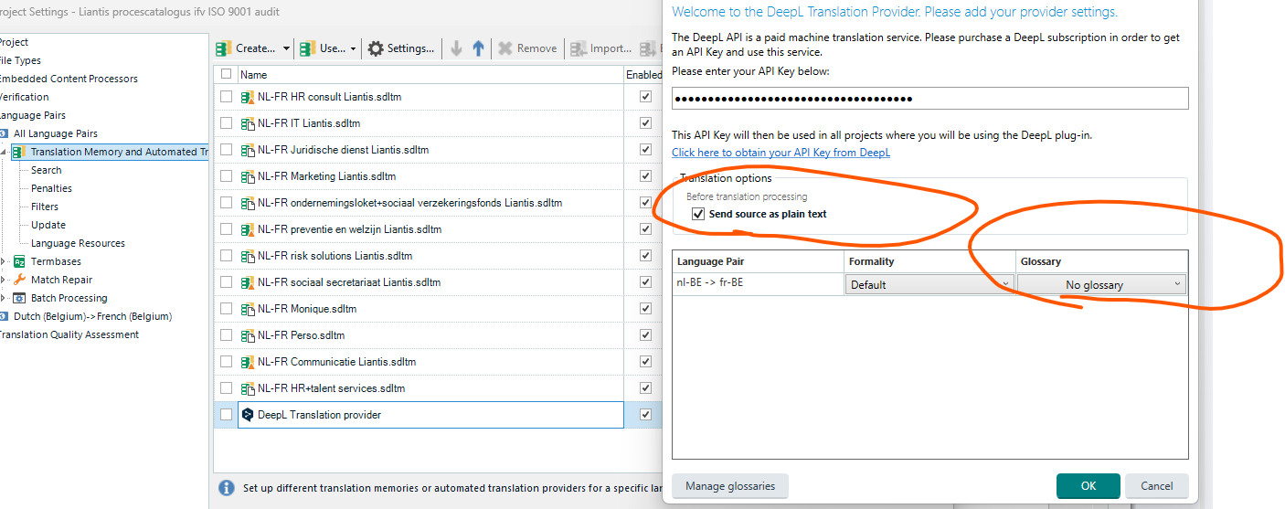 Screenshot of software settings for DeepL Translation Provider with 'Send source as plain text' option checked, highlighted with red ovals.