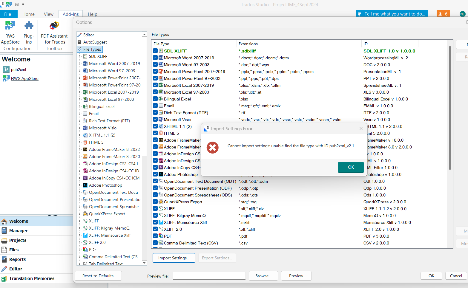 Screenshot of RWS AppStore Applications interface with an 'Import Settings Error' dialog box stating 'Cannot import settings: unable find the file type with ID pub2xml_v2.1.'