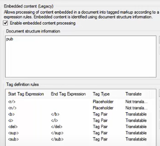 Screenshot of RWS AppStore application interface with options for embedded content processing and a list of tag definition rules indicating their type and translatability.