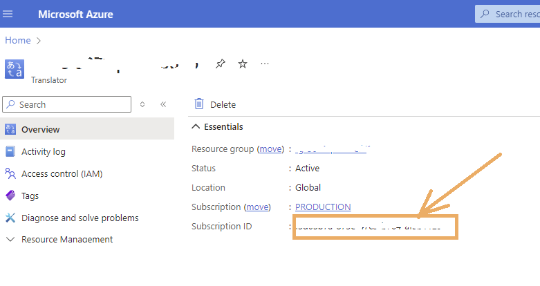 Screenshot of Microsoft Azure portal showing an 'Essentials' section with a highlighted Subscription ID field labeled 'PRODUCTION'.