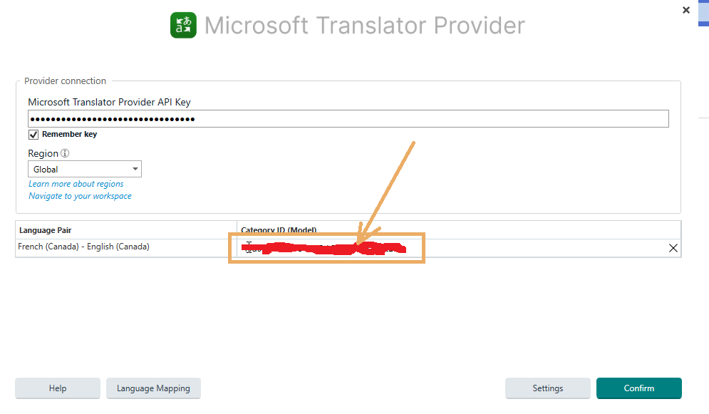 Screenshot of Microsoft Translator Provider settings with a redacted API key, 'Global' selected for Region, and a redacted Category ID (Model) field.