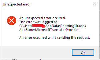 Error dialog box titled 'Unexpected error' with a message about an error logged in a user's AppData folder and an issue while sending the request.