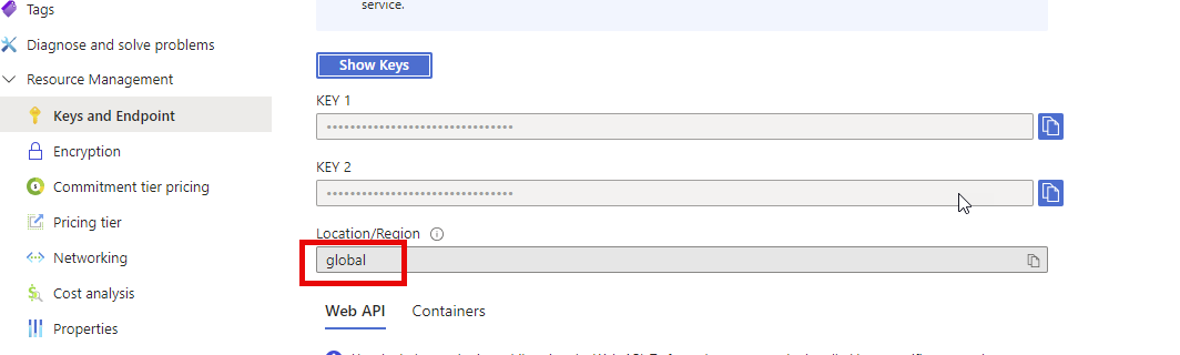 Screenshot of RWS AppStore Applications interface showing 'Keys and Endpoint' section with two obfuscated keys and a 'LocationRegion' field set to 'global'.