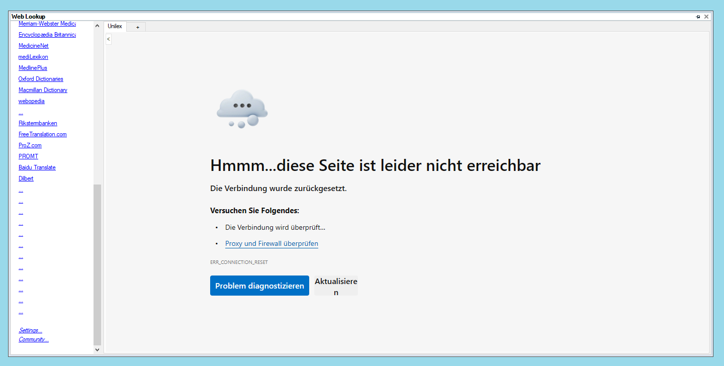 Screenshot of a Web Lookup application with an error message in German stating 'Hmm...this page is unfortunately not reachable' and 'The connection was reset.' Below are suggestions to check the connection and verify proxy and firewall settings. Error code: ERR_CONNECTION_RESET is displayed at the bottom.