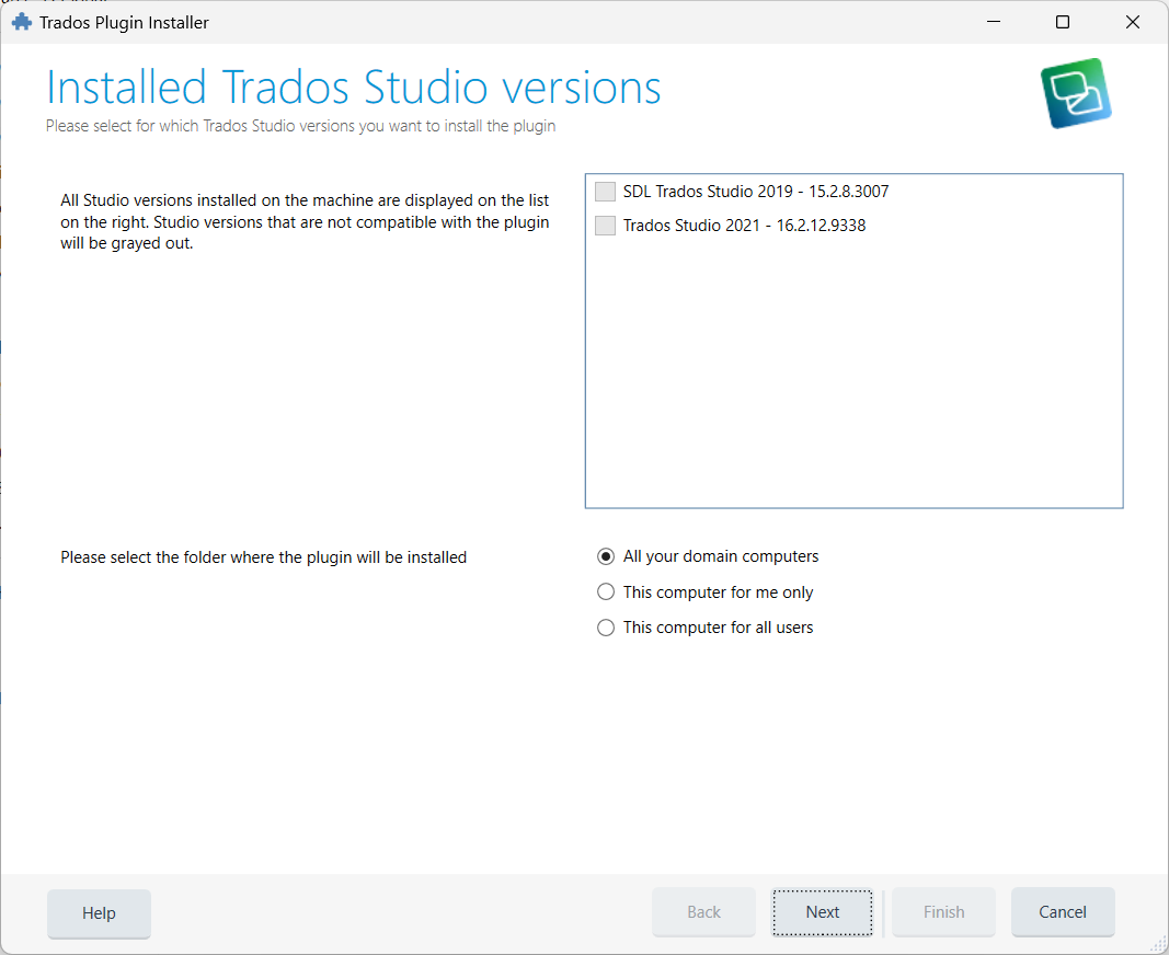 Trados Plugin Installer window showing installed Trados Studio versions with options to select the installation folder for the plugin and installation scope for domain, single user, or all users.
