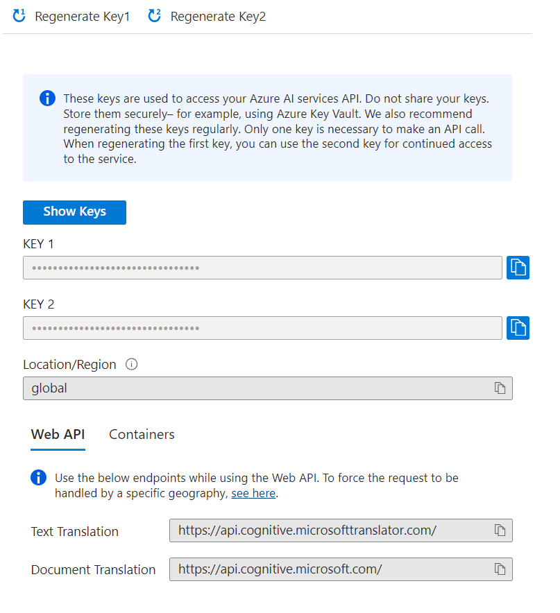 Screenshot of Azure AI services API keys interface with options to regenerate keys. Information box advising to store keys securely and regenerate them regularly. Location set to global. Web API endpoints for text and document translation are listed.