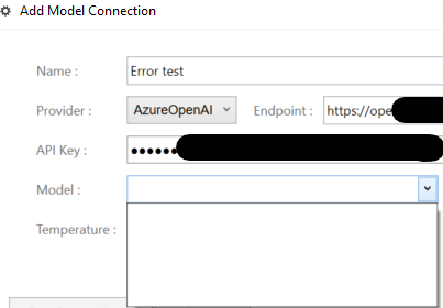 Screenshot of an 'Add Model Connection' dialog with fields for Name, Provider, Endpoint, API Key, Model, and Temperature. The Name field is filled with 'Error test' and the Provider is set to 'AzureOpenAI'. Other fields are partially visible with obscured input.