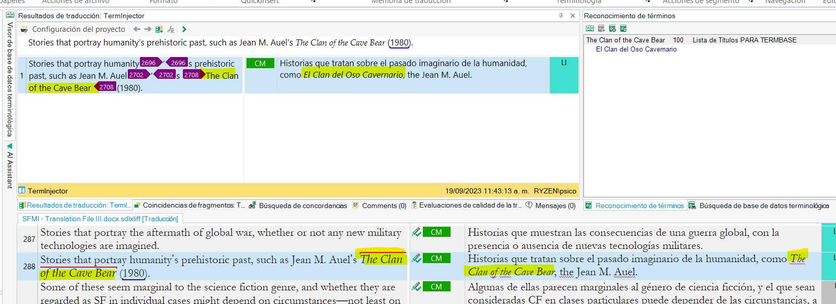 Screenshot of RWS AppStore Applications interface showing translation results. The source segment mentions 'The Clan of the Cave Bear' which is correctly translated in the results window but not in the target segment.