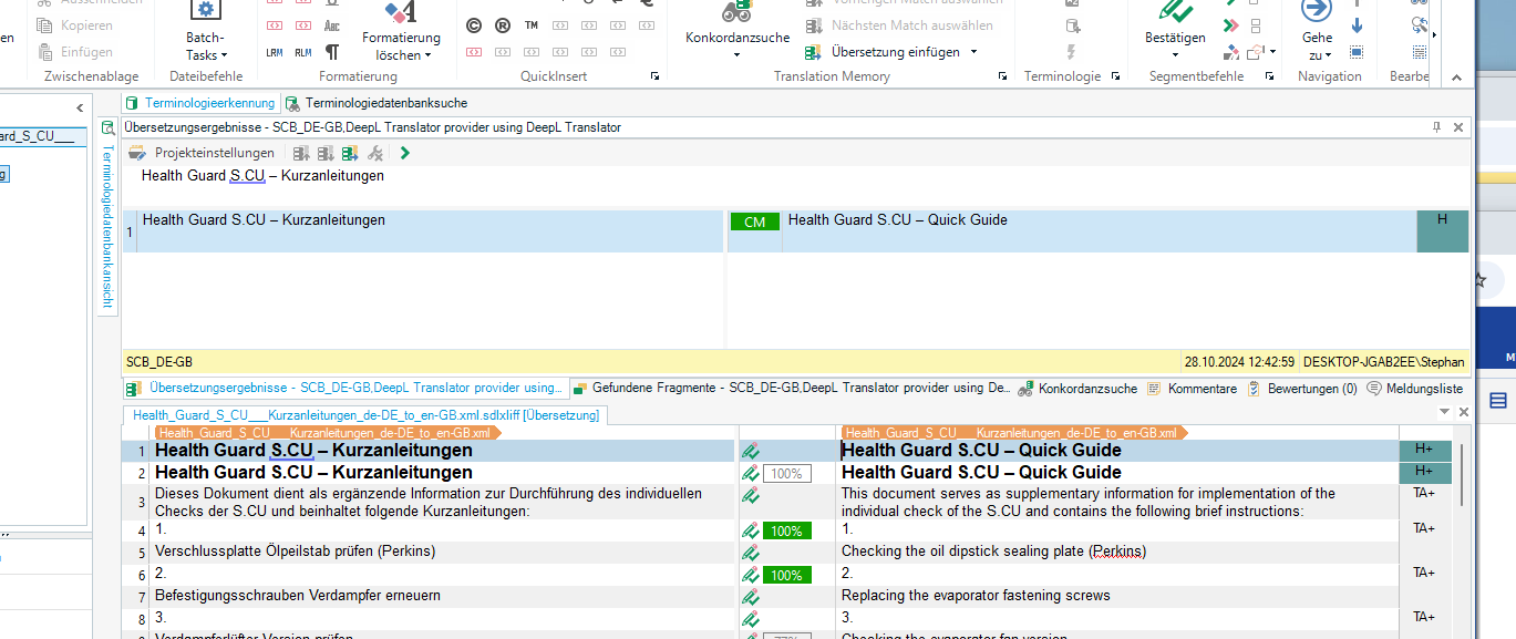 Screenshot of Trados Studio Editor with 'SCB_DE-GB' Translation Memory results displayed, but no visible results from DeepL Translation provider.